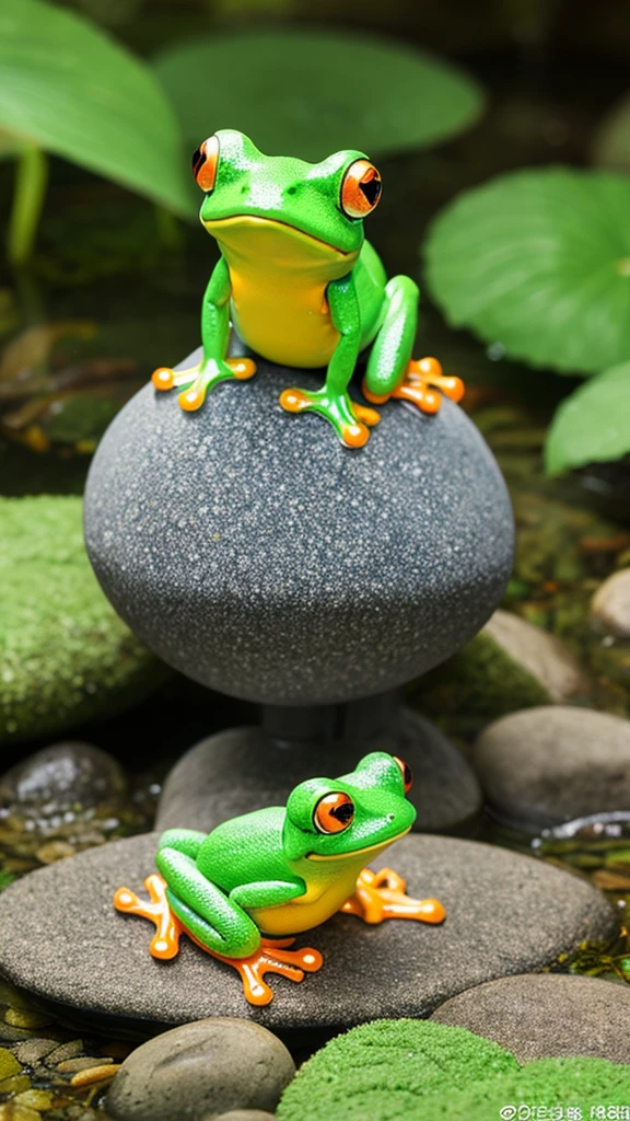 frog、Round and cute、Unusual colors、photograph、Real、3d、sitting on a mossy round stone,Imaginary Frog、Rainbow color body、Round body、Gummy round body shape、There is only one