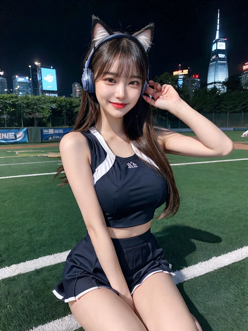 Full body photo、whole、最high quality, masterpiece, 32k、Very detailed、Realistic、1 Girl, Japanese women、Cute face, (photo Actual:1.3), Edge lighting, (Skin with attention to detail:1.2), 8K超High resolution, Single-lens reflex camera, high quality, High resolution, 4K, 8K, Optimal ratio of four fingers to one thumb, (Actual:1., smile、自然なsmile、Baseball Cheerleader Costumes(black、Light blue line design、Japanese professional baseball cheerleaders)、Cat ear headphones(ピンク色のネオンCat ear headphones)、cute 1 Girl, Realistic、Super Realistic、32k、Very detailed、masterpiece, 最high quality, beautiful girl, beauty、 Mecha, Beautiful lighting, Sitting,Cyber Neon、Future City、Skyscraper、City Night、Shanghai、Metropolis、Night view、綺麗なNight view