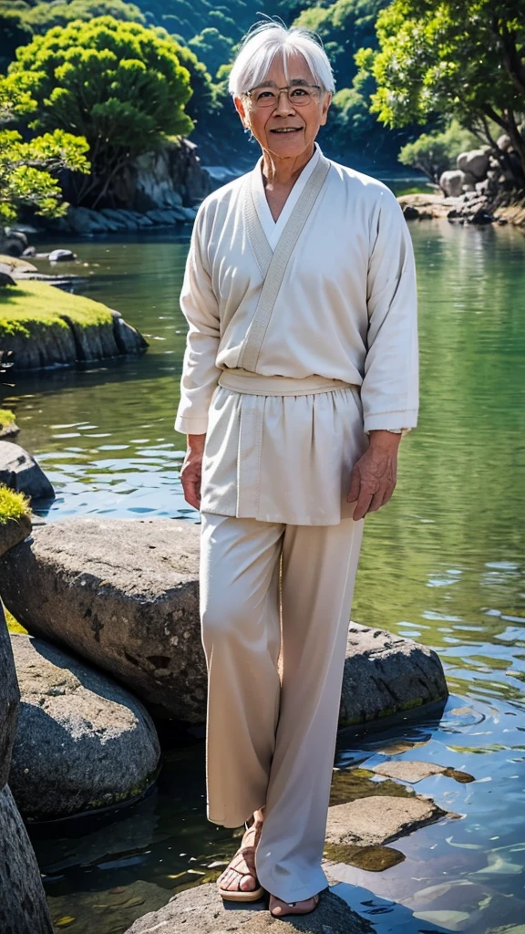 Create a high-quality anime-style image featuring an elderly man standing on a rocky cliff by the sea. The man has white hair, a beard, and is wearing round glasses. He is dressed in a white shirt, beige pants rolled up at the ankles, and white sneakers. His posture is relaxed, with his hands in his pockets, gazing thoughtfully into the distance.
The background consists of a clear blue sky filled with fluffy, white clouds. Below the cliff, there is a calm sea with boats and a small coastal village nestled at the foot of green, mountainous terrain. The scene captures a peaceful, reflective moment, with vibrant colors and detailed shading to emphasize the tranquil and contemplative atmosphere.