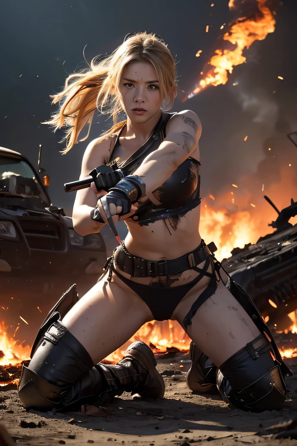 (masterpiece:1.5), (Highest quality), (Very detailed), (Super detailed), (One girl:1.2), (whole body:1.2), (Young girl), (Blonde), (Weapons in hand), (War battle scene), (Bloody atmosphere), (cigarette), (fire), (cadaver), (Chaotic Background), (explosion), (Torn clothing), (A look of determination), (Sweat and dirt), (I was injured), (Dynamic pose), (Broken Armor), (Burnt landscape), (Combat Stance), (Smoldering Wreckage), (inflammation:1.3), (Battle cry), (Sounds of War:1.1)