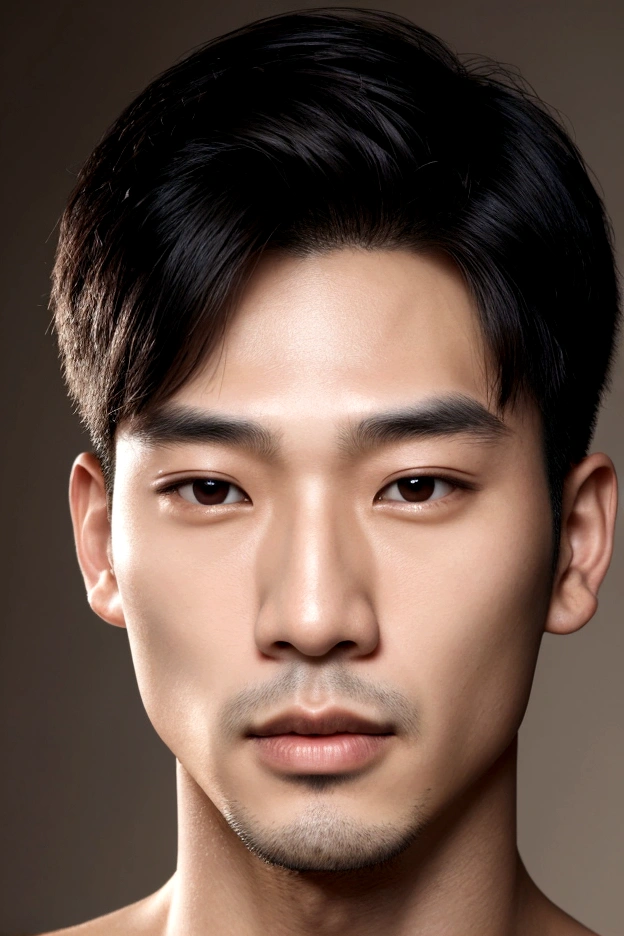 a beautiful face of an Asian men, front image of the face, close-up of the face, photo realistic