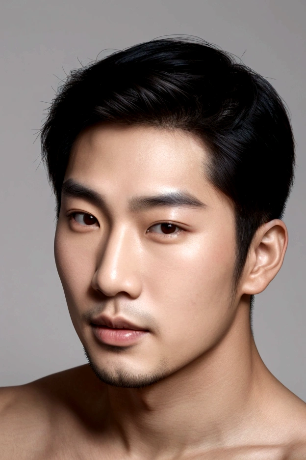 a beautiful face of an Asian men, front image of the face, close-up of the face, photo realistic