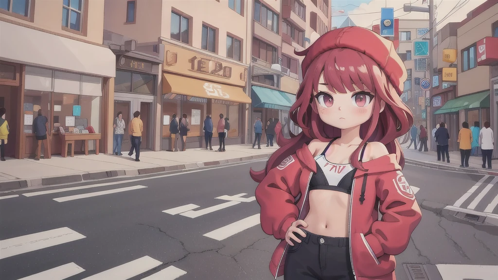 masterpiece,1girl,solo,long hair,bikini, Red hair,hoodie,off shoulder:1.2, mob cap, street,hand on hip, hand in pocket,