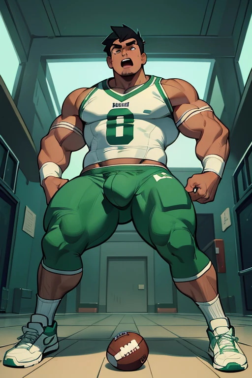 Danny Phantom, ghost, hypnosis, jock, conversion, locker room hallway, hyper muscles, jockstrap, bro, meathead, hypnotized, brainwashed, brainwashing, big dumb jock, football. Danny Fenton is hypnotized by Dash to become another dumb football jock bro. Glowing green eyes. Hyper crotch bulge. Massive bulging crotch. Big balls. Big biceps. Big triceps. Big traps. Broad shoulders. Big meaty pecs. Big thighs. Thick glutes. Football team assimilation. Black hair. Deep dull voice. glazed expression. dumber and dumber. Open mouth. Clothes turning into a football uniform. Forgetting.