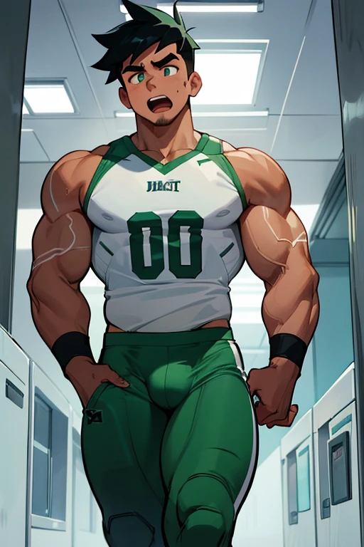 Danny Phantom, ghost, hypnosis, jock, conversion, locker room hallway, hyper muscles, jockstrap, bro, meathead, hypnotized, brainwashed, brainwashing, big dumb jock, football. Danny Fenton is hypnotized by Dash to become another dumb football jock bro. Glowing green eyes. Hyper crotch bulge. Massive bulging crotch. Big balls. Big biceps. Big triceps. Big traps. Broad shoulders. Big meaty pecs. Big thighs. Thick glutes. Football team assimilation. Black hair. Deep dull voice. glazed expression. dumber and dumber. Open mouth. Clothes turning into a football uniform. Forgetting.