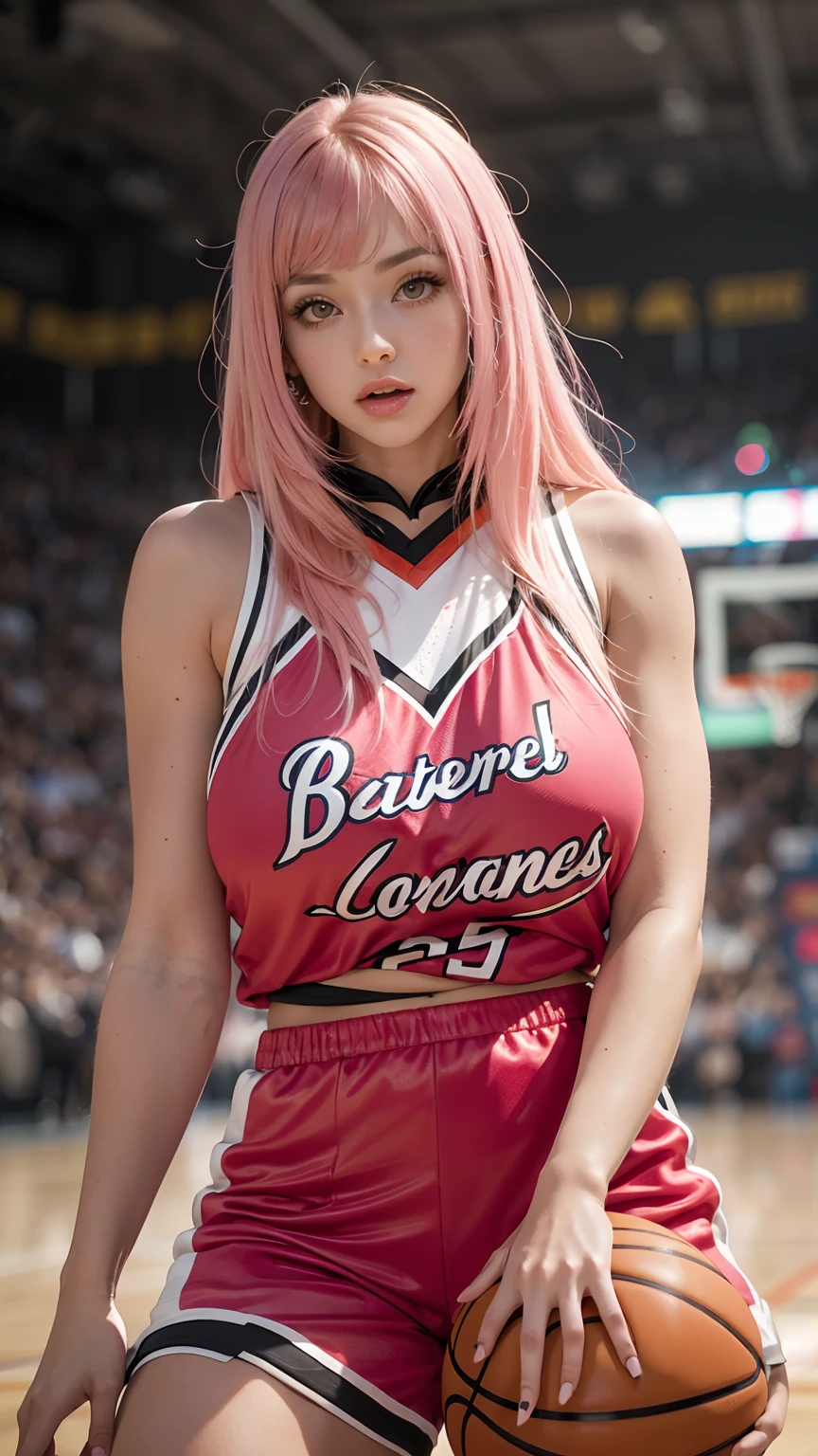 Psychedelic world、 basketball uniform and basketball shorts 、Cute cheerleader girl 、28 year old girls accentuated super huge enormously gigantic  spreading her legs open, seductive pose 、very long pink hair、colorful vibrant background、basketball game background、perfect lighting、sharp focus、High definition、high resolution、High color rendering、High resolution、Super realistic、photo realistic