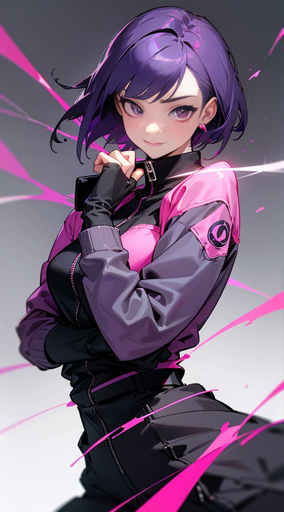 Top Quality, 8K, 4K, High Definition, Detail, (better-quality, 8K, 12), top-quality, 1 girl、only showing her face, she has purple hair, wearing a yellow pin on her right side of her hair, she has her hands together, she looking at you, she is smiling at you, medium breast, her jacket color dark gray with a pink zipper, pink eyes, showing her face and chesat, short hair long as her neck, (only showing half of her body) her jacket is loose. she is wearing earing only right ear shaped has a heart,