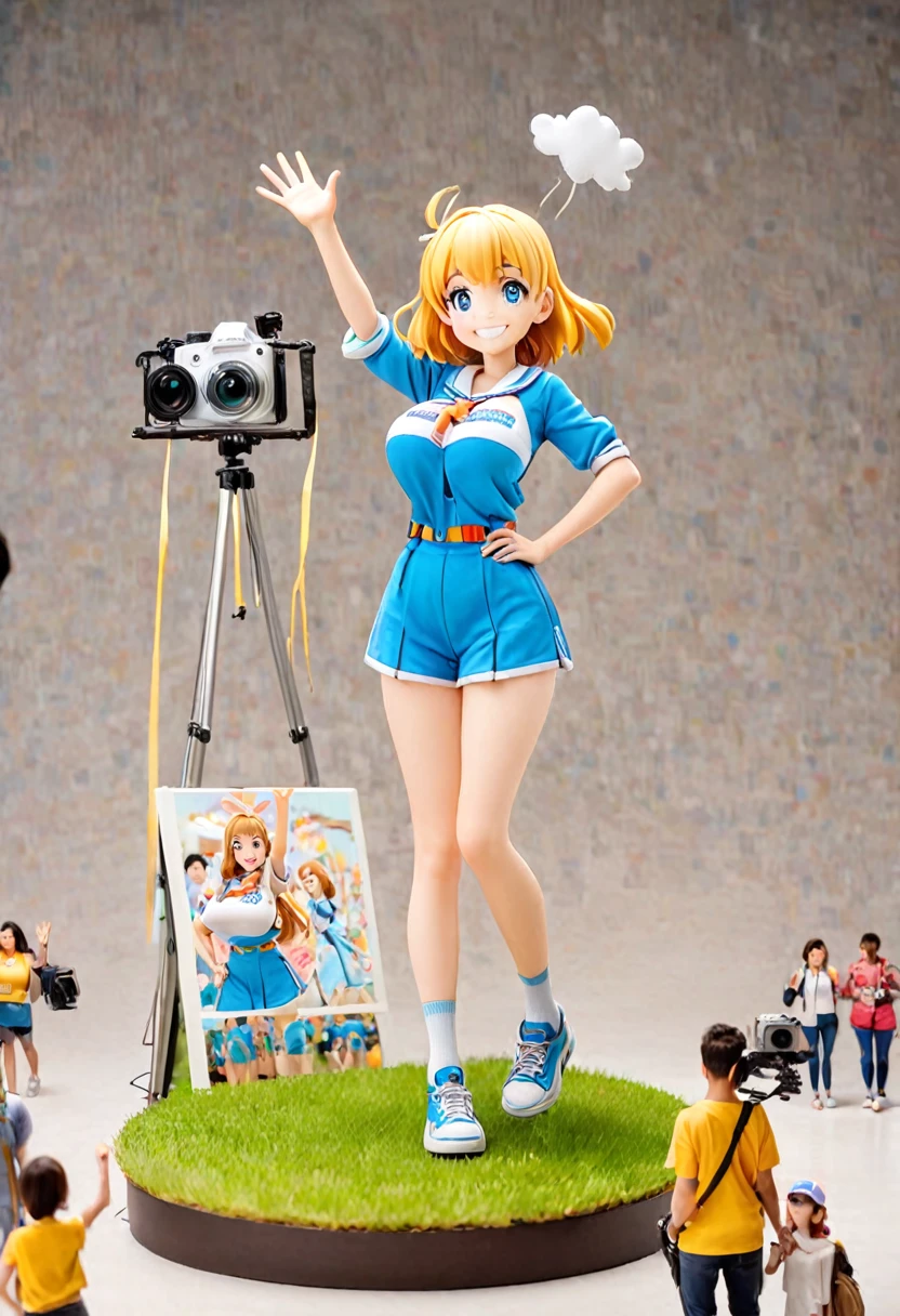 Cartoon 18 year old girl with big-boobs standing on the grass smile left hand wave in air right hand on hip, and bright blue/white eyes Camera shooting side view of people full body and pictrure