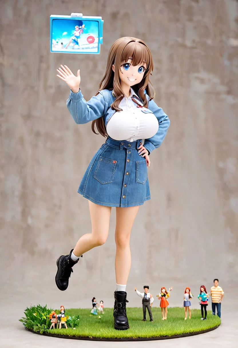 Cartoon 18 year old girl with big-boobs standing on the grass smile left hand wave in air right hand on hip, and bright blue/white eyes Camera shooting side view of people full body and pictrure