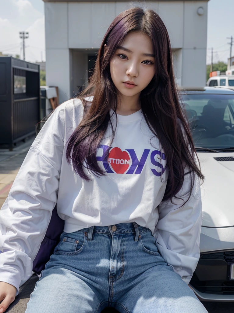 a 23 year old Korean woman with long hair, purple wearing white clothes with writing "the queen's of bangtan" In his chest, wearing jeans with a Hyundai car in the background behind him