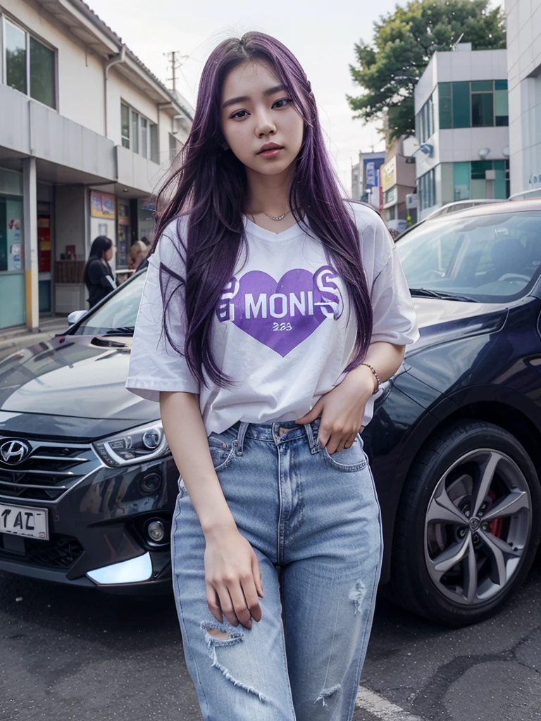a 23 year old Korean woman with long hair, purple wearing white clothes with writing "the queen's of bangtan" In his chest, wearing jeans with a Hyundai car in the background behind him