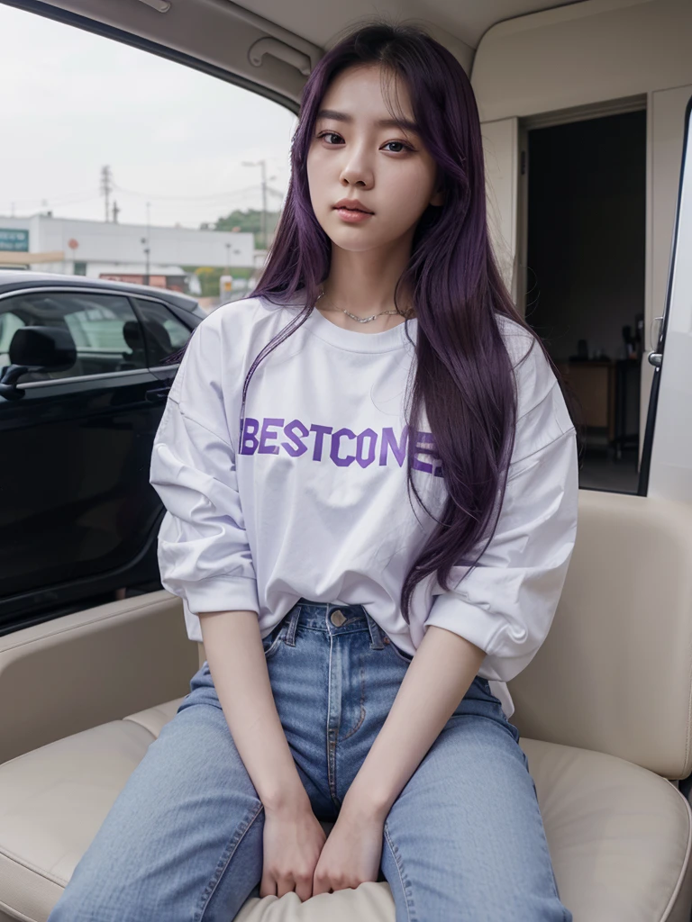 a 23 year old Korean woman with long hair, purple wearing white clothes with writing "the queen's of bangtan" In his chest, wearing jeans with a Hyundai car in the background behind him
