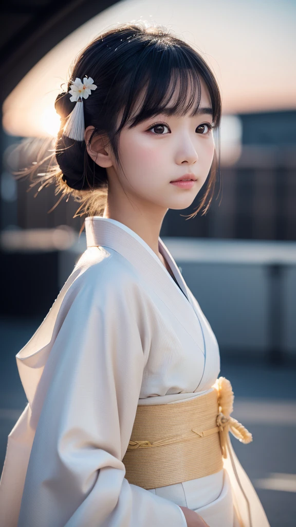 One girl, Beautiful Face, ((White eyes)), Kimono pose, Front facing,Crescent moon in the background, performer, space, (Lightroom:1.13), Soft Light, (Natural skin texture:1.2), (Hyperrealism:1.2), Sharp focus, Concentration,[[Realistic]]