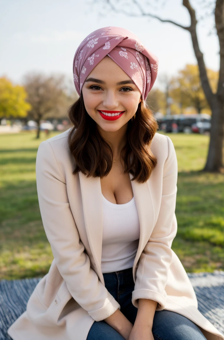 Close up, street photography portrait of a young girl with multi color hair, (perfect gorgeous young woman)(blush soft beautiful face), hair cover half face, portrait, upper body, messy hair, smiling: 1.2, perfect teeth,(( hazel eyes)), gentle eyebrows, (white sclera),cute nose,((smile)),(red lipstick), (large breasts: 1.5), happy, ((wearing large pink floral headscarf on head)), headscarf covers half of her head and shoulders, ((wearnig transparent white loose shirt and brown coat )), (visible nippls under the shirt) ,( light brown short) , jean pants, outdoor, ((sitting on persian rug)), persian rage, at park, trees in frame, sun in frame, sunny day, clouds, sky, ultra sharp, 16k, high resolution, face focus, sunlight