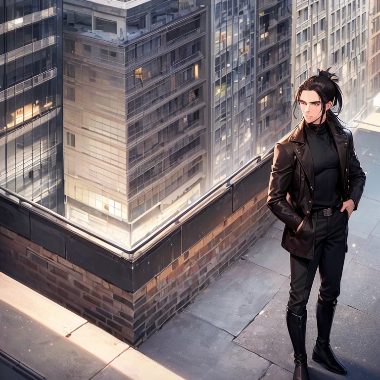 (detailed), (((normal guy))), (arab features), ((brown sheepskin jacket)), ((pelo con rulos negro ponytail hairstyle)), (calm face), ((ponytail hairstyle)), ((tall black boots)), (((whole body))), ((on top of a building)), ((male)),hands in pockets, (black turtleneck sweater), ((only one person))