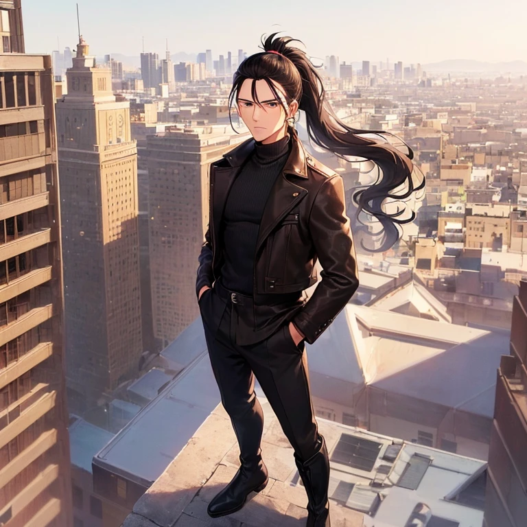 (detailed), (((normal guy))), (arab features), ((brown sheepskin jacket)), ((pelo con rulos negro ponytail hairstyle)), (calm face), ((ponytail hairstyle)), ((tall black boots)), (((whole body))), ((on top of a building)), ((male)),hands in pockets, (black turtleneck sweater), ((only one person))