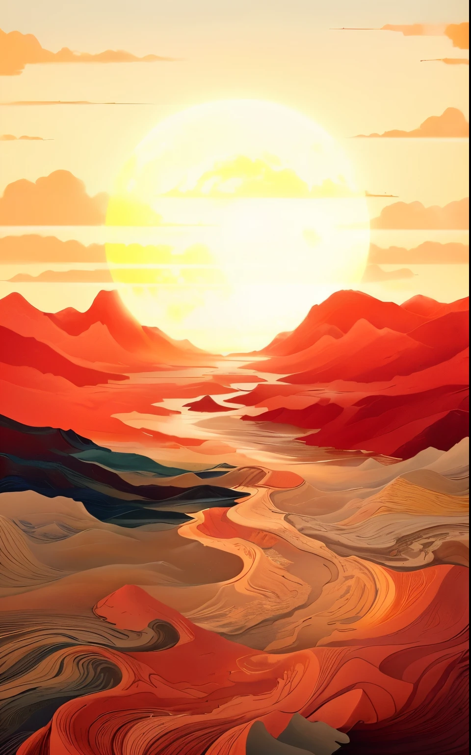 沙漠景观与河流sunset illustration, There are canyons on Earth，Warm climate, exoPlanet Landscape, red rising planet, Planet Landscape, Sun setting on a desert planet, sunset on distant machine planet, Low Detail. number, Detailed digital illustrations, sunset illustration, On another planet, 4k 高度详细的number艺术, highly detailed number