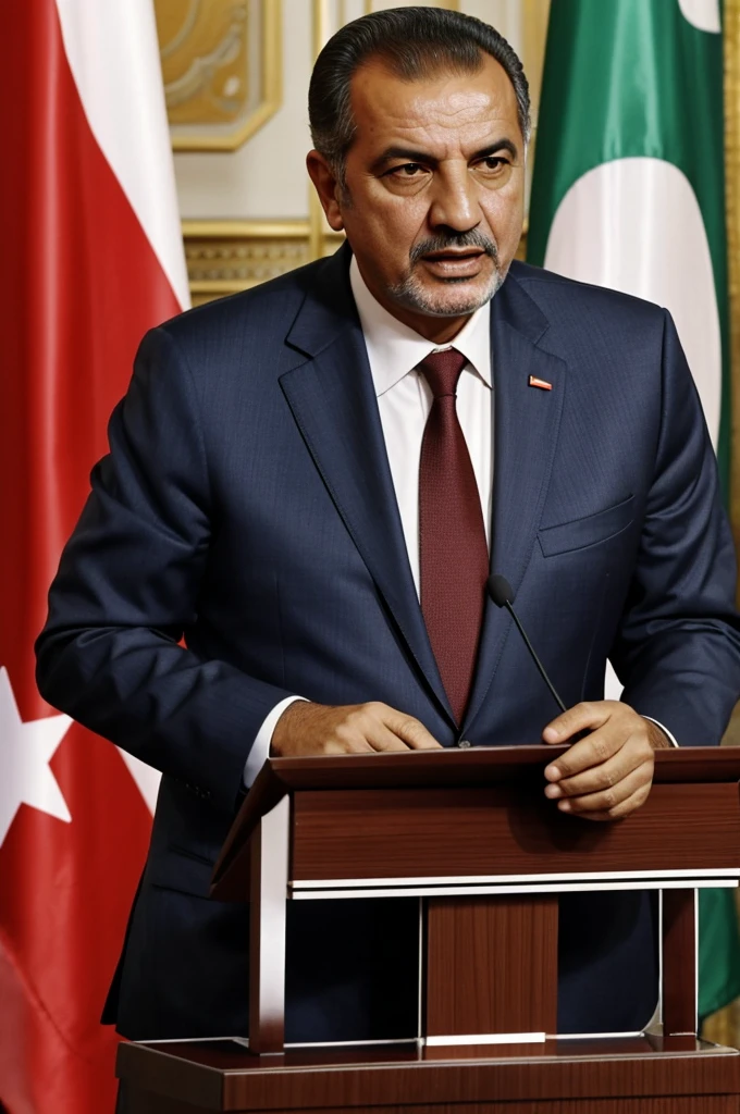 Create the image of a 50-year-old Algerian male politician giving a 1970s-oriented Soviet Union-style speech 