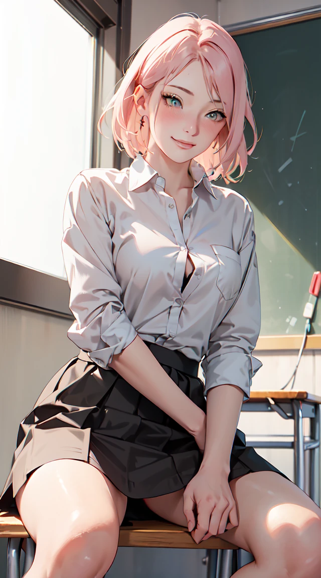 ((table top, highest quality, High resolution, perfect pixel, 4k ))), 1 girl, single, alone, beautiful woman、I could see the whole body、 ((short wavy hair, bangs, whitehair)), ((red eyes, beautiful eyelashes, realistic eyes)), ((detailed face, blush:1.2)), ((smooth texture:0.75, realistic texture:0.65, realistic:1.1, Anime CG style)), medium breasts, dynamic angle, perfect body, ((school uniform, white shirt, black skirt, unbuttoned shirt、plaid skirt、white socks)), classroom without people、sit at desk、..、evening、Very embarrassing panic smile、(lift the skirt with your right hand、open legs、open knees wide)、open legs, pussy visible, pussy line, beauty pussy, prefect pussy, (pink lace bra)、angle from below, masturbation,
(open legs、open knees wide, show your pussy),