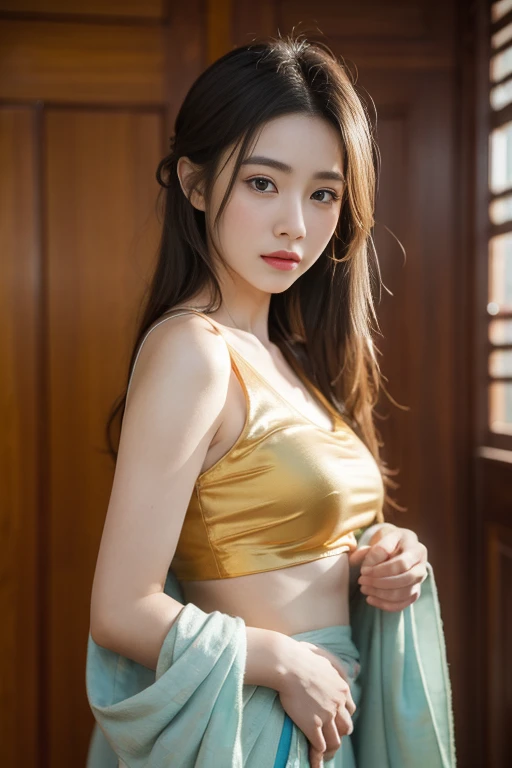 Masterpiece, high quality, 4K, beautiful design, shiny, from the front, award winning photo, extremely detailed, amazing, fine detail, absurdres, highly detailed woman, extremely detailed eyes and face, solo, 1girl, babe, glossy, big , wifs, sparkling fabric, incrusted with jewels, visible midriff , woman wearing a wifs, posing inside a castle with an oriental architecture, golden embroidery,