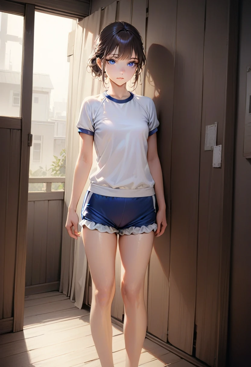 masterpiece, high quality, Small breasts, One Girl, Are standing, stop temporarily, stop temporarily,  Gym suit, shorts, Bloomers,  whole body, shirt,blue eyes, Realistic