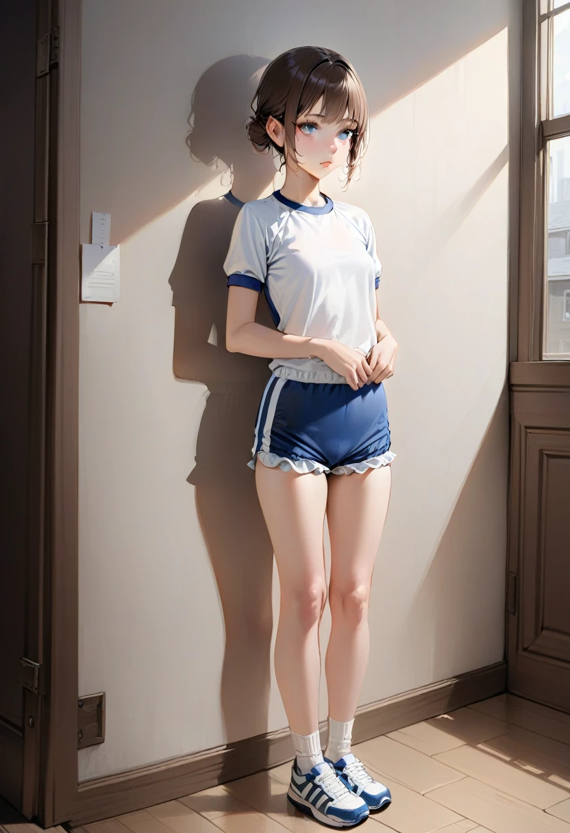 masterpiece, high quality, Small breasts, One Girl, Are standing, stop temporarily, stop temporarily,  Gym suit, shorts, Bloomers,  whole body, shirt,blue eyes, Realistic