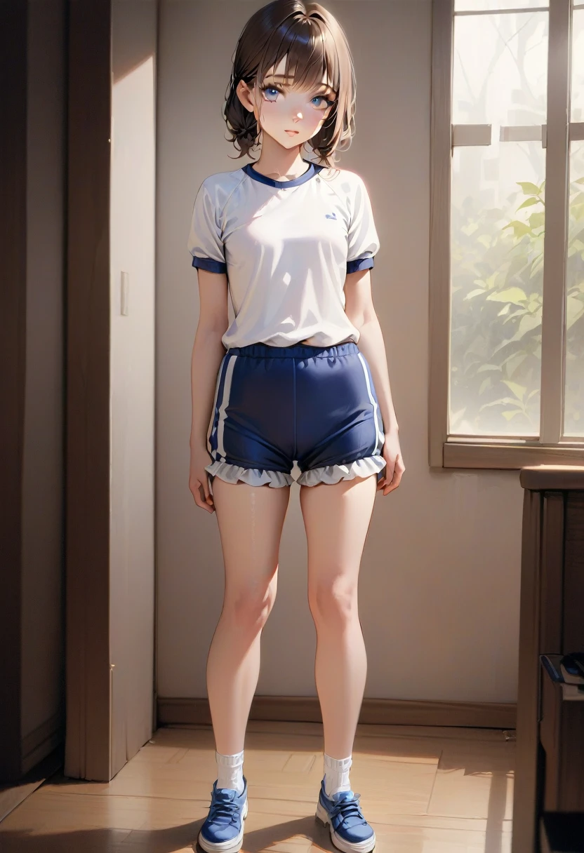 masterpiece, high quality, Small breasts, One Girl, Are standing, stop temporarily, stop temporarily, Gym suit, shorts, Bloomers, whole body, shirt,blue eyes, Realistic