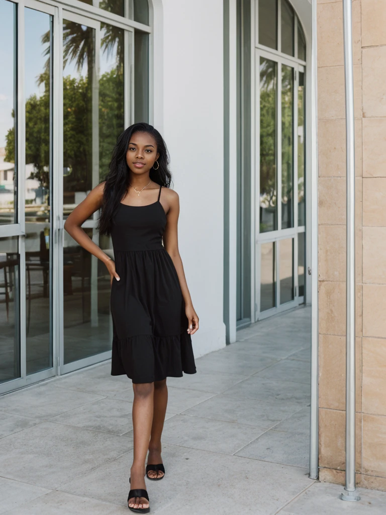 her name is Jamila, high quality, 1girl, ((20-year-old fit black woman)), ((25 years old)), ((slim)), long hair, pose: standing, wearing stylish fashionable ((sundress)) Generation-Z modern wear different colored, BACKGROUND: outside: cafe by the beach