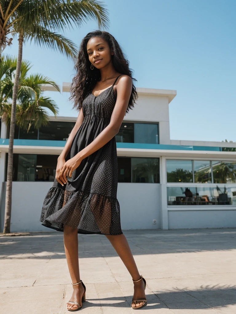 her name is Jamila, high quality, 1girl, ((20-year-old fit black woman)), ((25 years old)), ((slim)), long hair, pose: standing, wearing stylish fashionable ((sundress)) Generation-Z modern wear different colored, BACKGROUND: outside: cafe by the beach