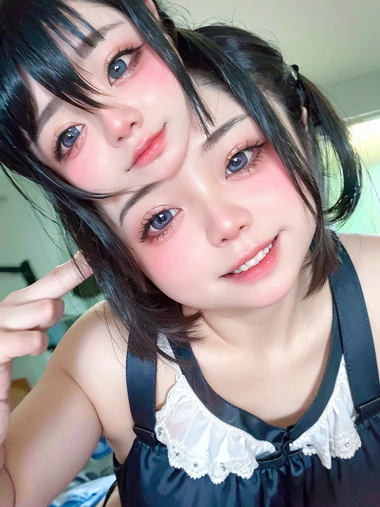 A young, chubby girl with droopy eyes and a heavy make-up is looking at the camera with a childlike smile.。Sweat。Dynamic Lighting,Highest quality,8K,masterpiece,Ultra-high resolution,Photorealistic,Ultra-Realistic Capture,Beautiful and detailed eyes。Born in 2006。