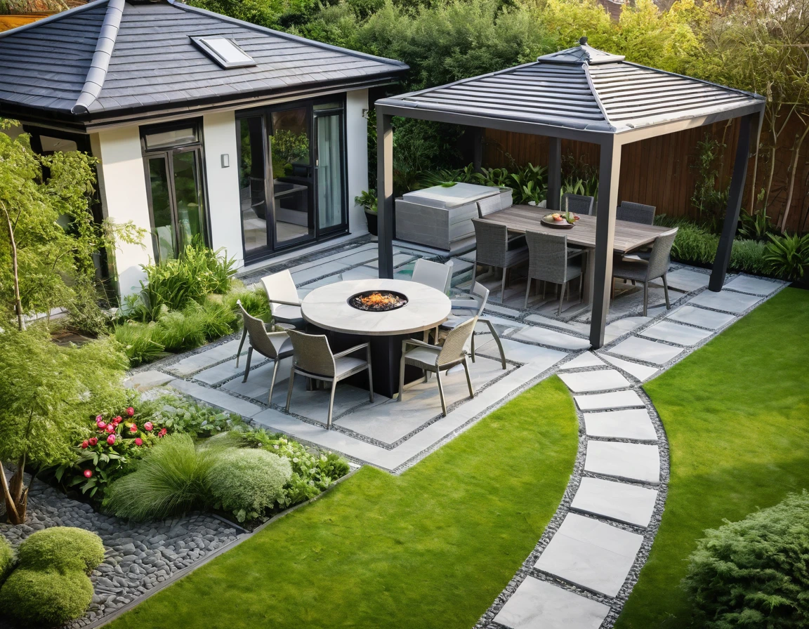 An aerial view of a beautifully designed modern European garden with a hint of Asian influence, featuring a sleek gazebo with a contemporary roof design, surrounded by lush green lawns and vibrant flowers. Shot with a high-quality DSLR camera, the smooth stone pathway winds through the garden, leading to a spacious BBQ area with a stylish grill and modern outdoor dining furniture. The pathway also leads to a sleek, modern gazebo with minimalist chairs and a table. The garden includes multiple grassy areas, small clear ponds, and Asian-inspired plants, adding tranquility to the setting. Soft, ambient lighting enhances the cozy atmosphere. Shallow depth of field, focused foreground, bokeh background. ((8k)), high quality detail, harmonious and inviting garden.