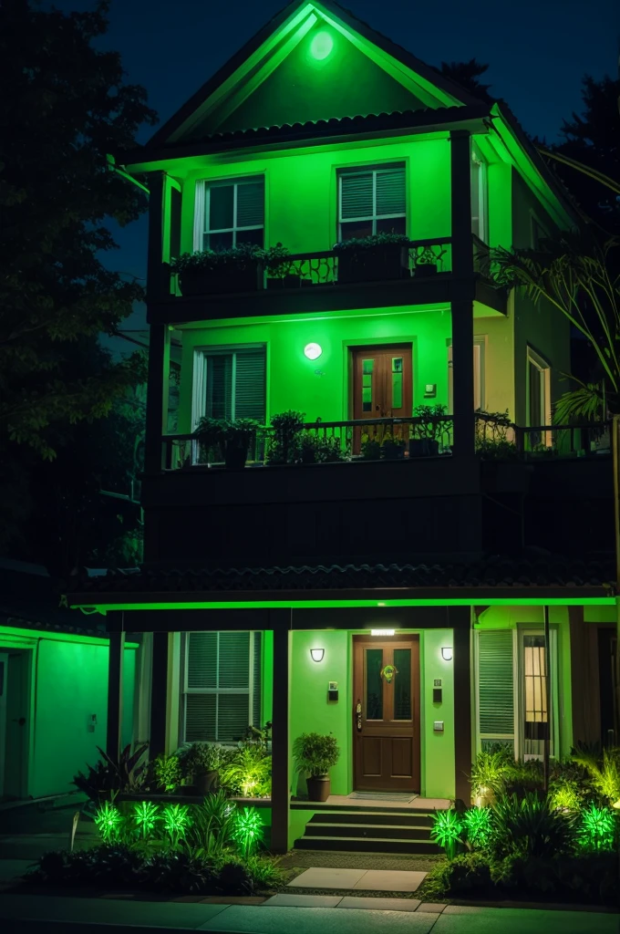 Front of the house at night with green neon on the plants
