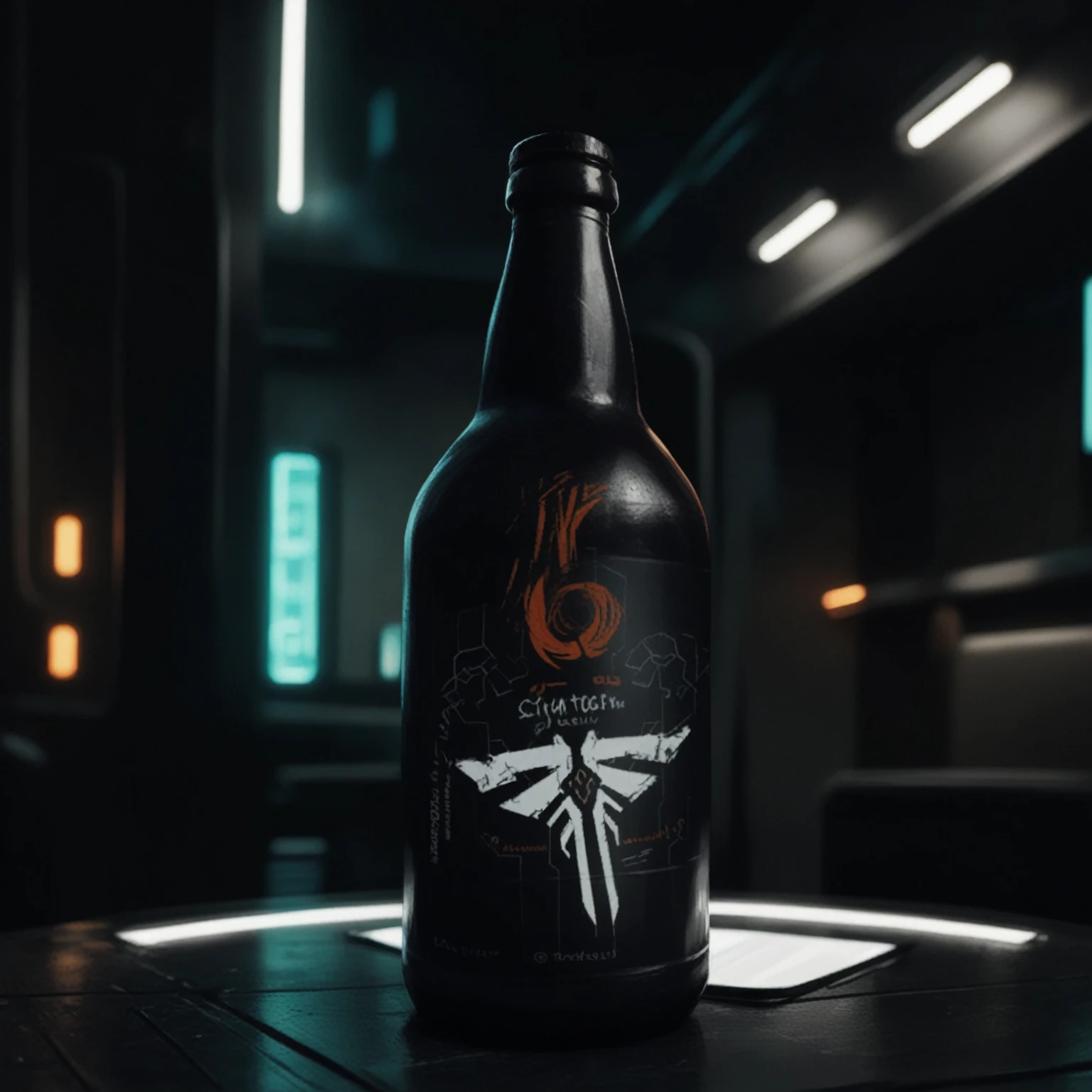 One bottle in the picture.A bottle of cyber beer presented in cyberpunk style, with characteristic elements: smooth, matte coating, decorated with bright neon luminous inserts. Design includes digital pixel patterns and abstract graphic elements, creating the effect of digital disruption and the future of the technological world. The main color of the bottle is deep purple, red, orange or green. This combination gives the product a unique cyberpunk style and modern look..