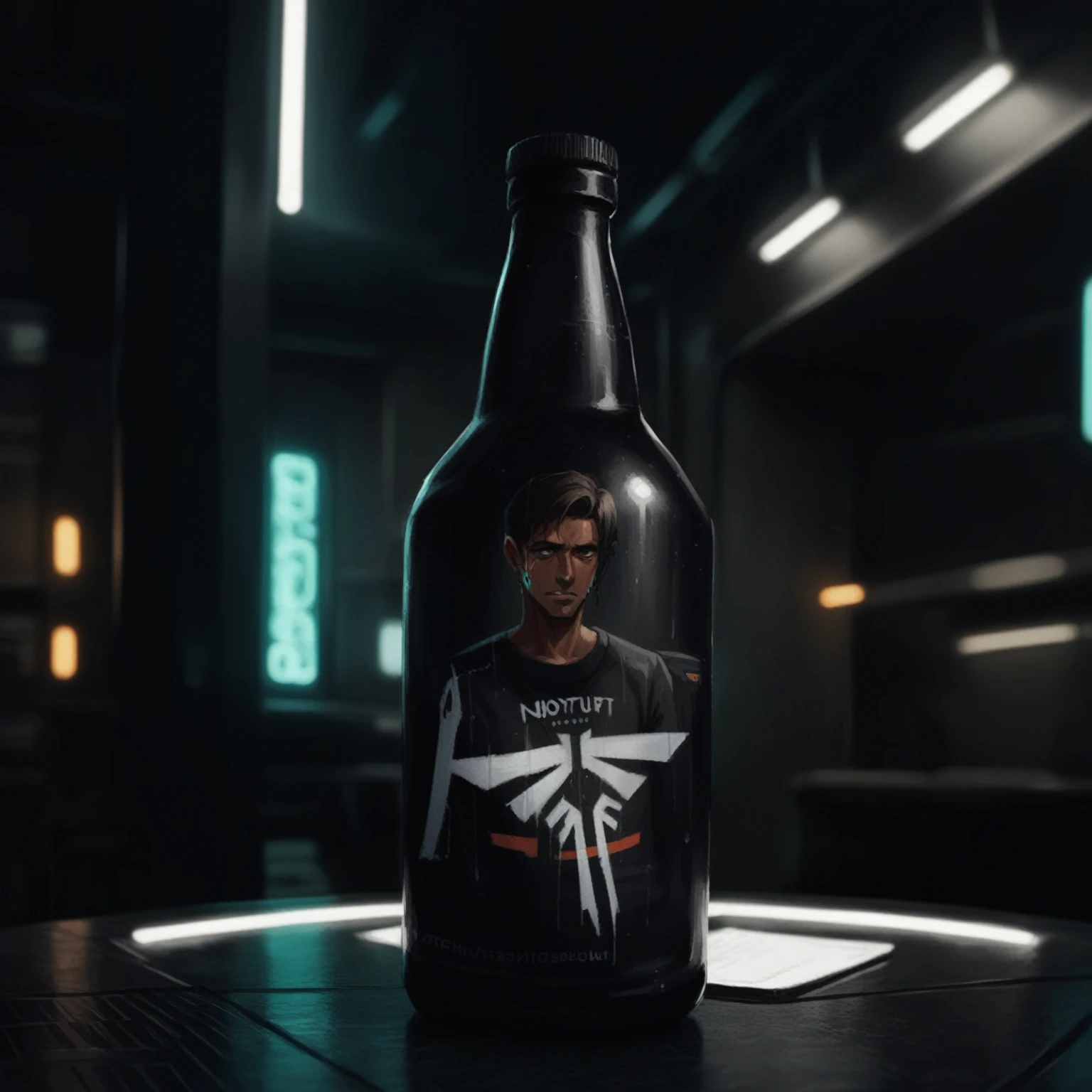 One bottle in the picture.A bottle of cyber beer presented in cyberpunk style, with characteristic elements: smooth, matte coating, decorated with bright neon luminous inserts. Design includes digital pixel patterns and abstract graphic elements, creating the effect of digital disruption and the future of the technological world. The main color of the bottle is deep purple, red, orange or green. This combination gives the product a unique cyberpunk style and modern look..