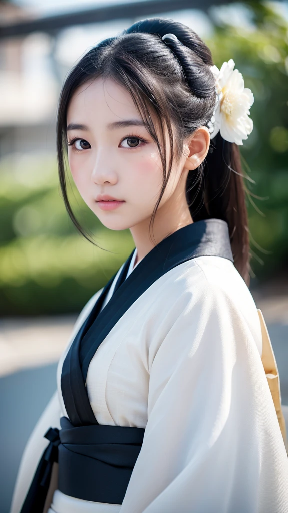 One girl, Beautiful Face, ((White eyes)), Kimono pose, Front facing,Crescent moon in the background, performer, space, (Lightroom:1.13), Soft Light, (Natural skin texture:1.2), (Hyperrealism:1.2), Sharp focus, Concentration,[[Realistic]]