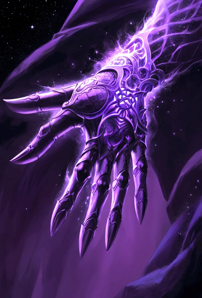 Draw a man's hand where purple energy gathers like fantasy magic