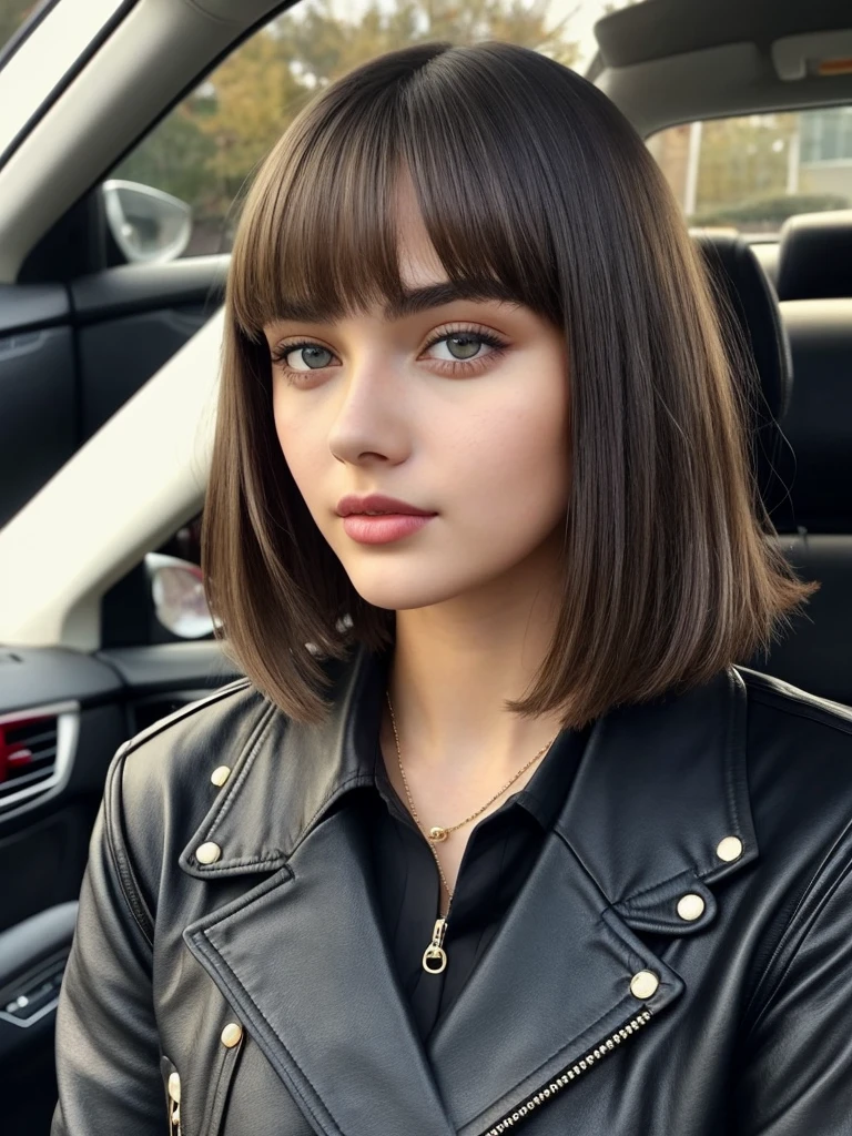 Beautiful 16-year-old girl, named Sofia, beautiful golden eyes, large detailed eyes, MID-HEIGHT bob long haircut, mermeland lips, sexy, detailed face, black jacket, in the background a strawberry, car, parking 