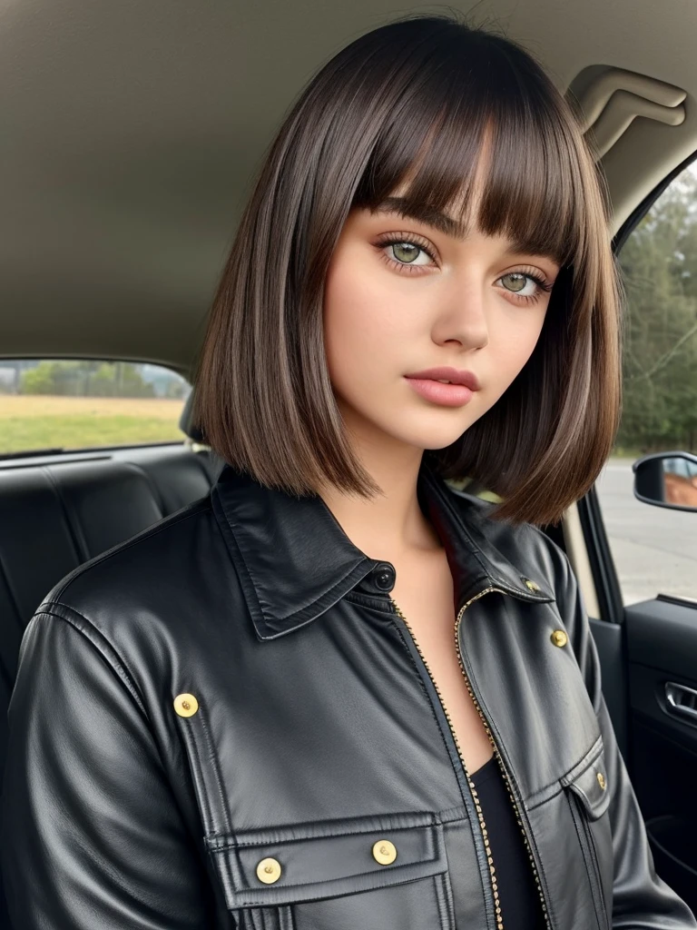 Beautiful 16-year-old girl, named Sofia, beautiful golden eyes, large detailed eyes, MID-HEIGHT bob long haircut, mermeland lips, sexy, detailed face, black jacket, in the background a strawberry, car, parking