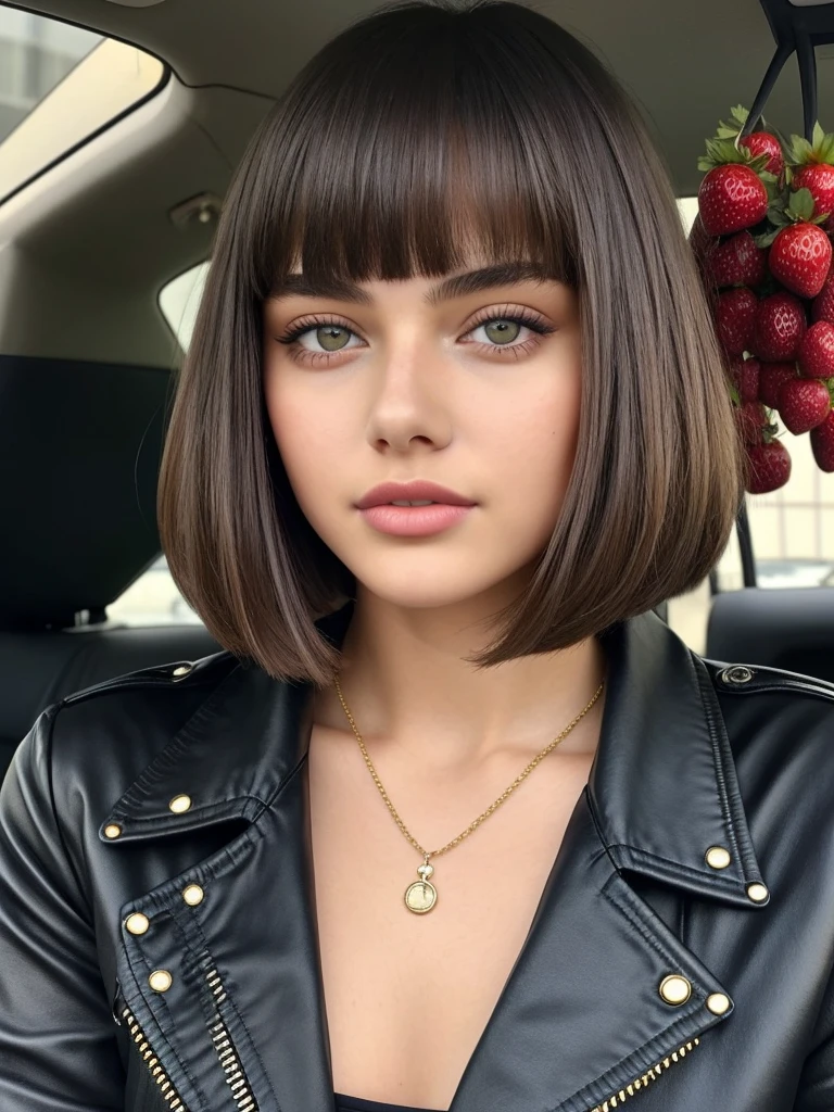 Beautiful -yeld gi named Sofia, beautiful golden eyes, large detailed eyes, MID-HEIGHT bob long haircut, mermeland lips, sexy, detailed face, black jacket, in the background a strawberry, car, parking 