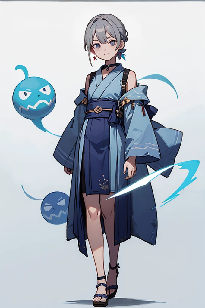 Blue Yukata、Gray Hair、Mischievous face、Choker on neck、Big earrings、Arms crossed、Only the mouth is smiling、Straw sandals、Choker on right leg、Shoulders are out(whole body、Are standing、、White background)