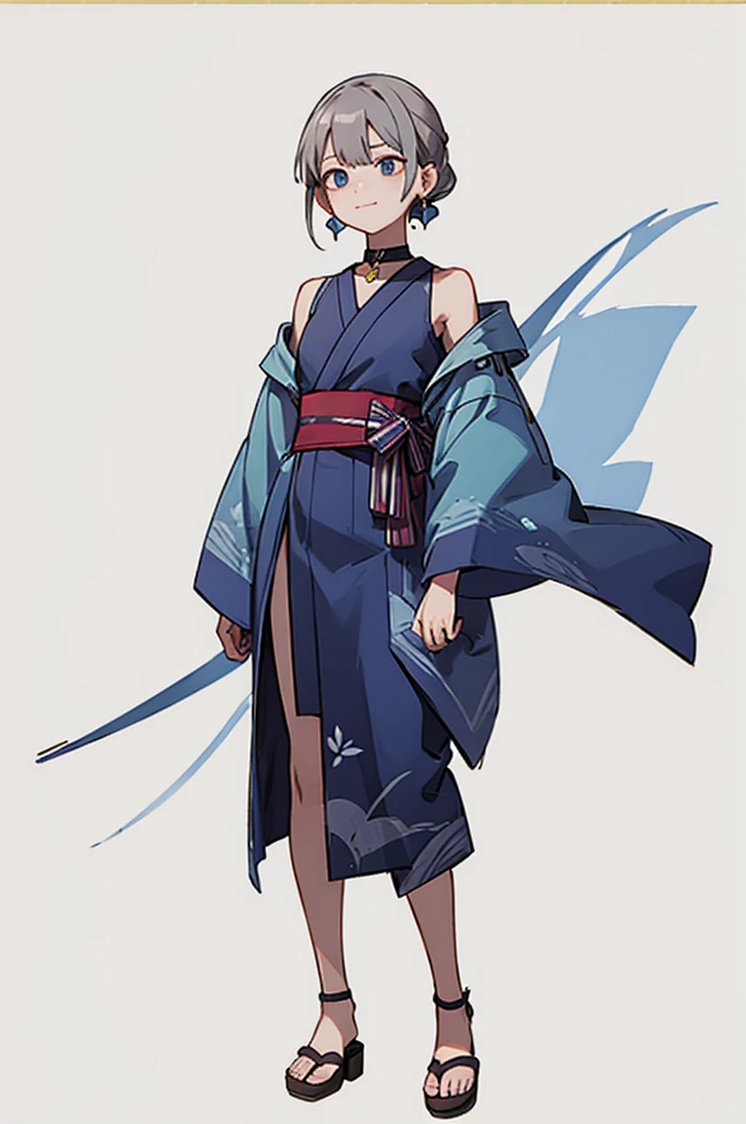 Blue Yukata、Gray Hair、Mischievous face、Choker on neck、Big earrings、Arms crossed、Only the mouth is smiling、Straw sandals、Choker on right leg、Shoulders are out(whole body、Are standing、、White background)
