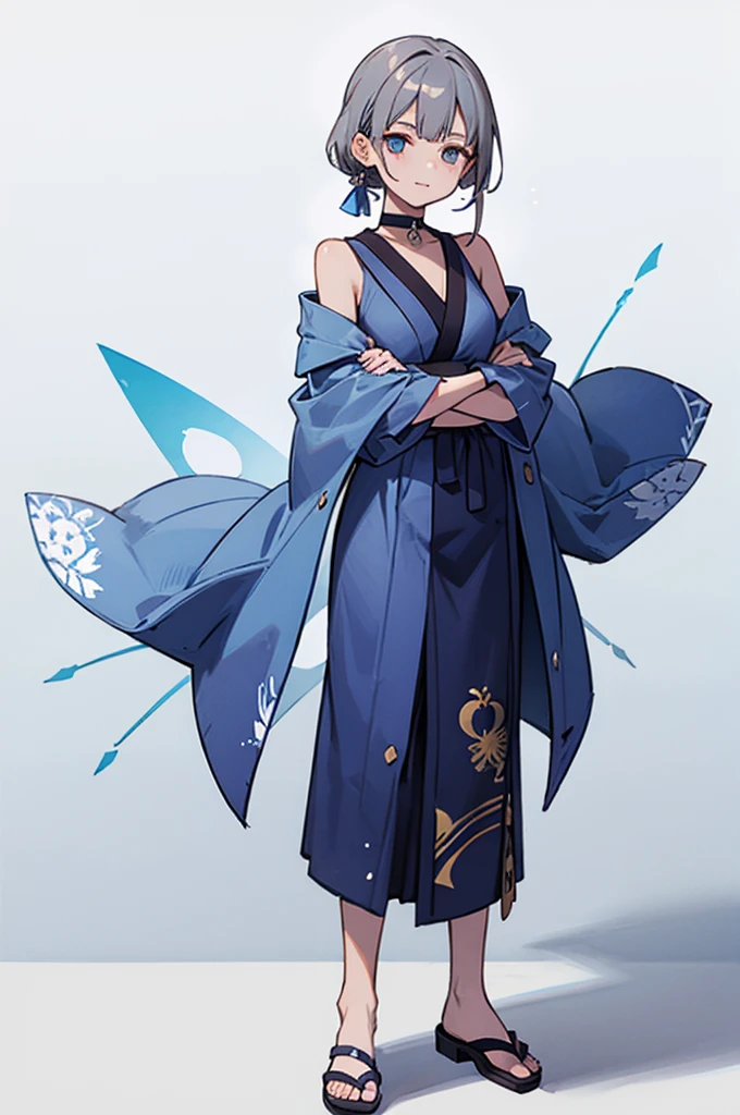 Blue Yukata、Gray Hair、Mischievous face、Choker on neck、Big earrings、Arms crossed、Only the mouth is smiling、Straw sandals、Choker on right leg、Shoulders are out(whole body、Are standing、、White background)