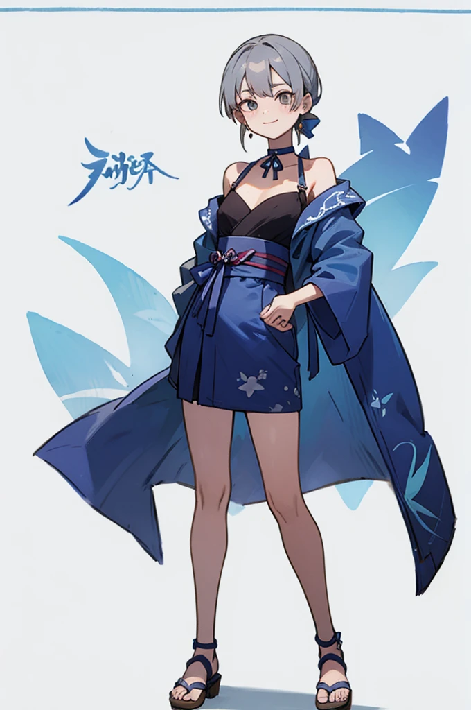 Blue Yukata、Gray Hair、Mischievous face、Choker on neck、Big earrings、Arms crossed、Only the mouth is smiling、Straw sandals、Choker on right leg、Shoulders are out(whole body、Are standing、、White background)