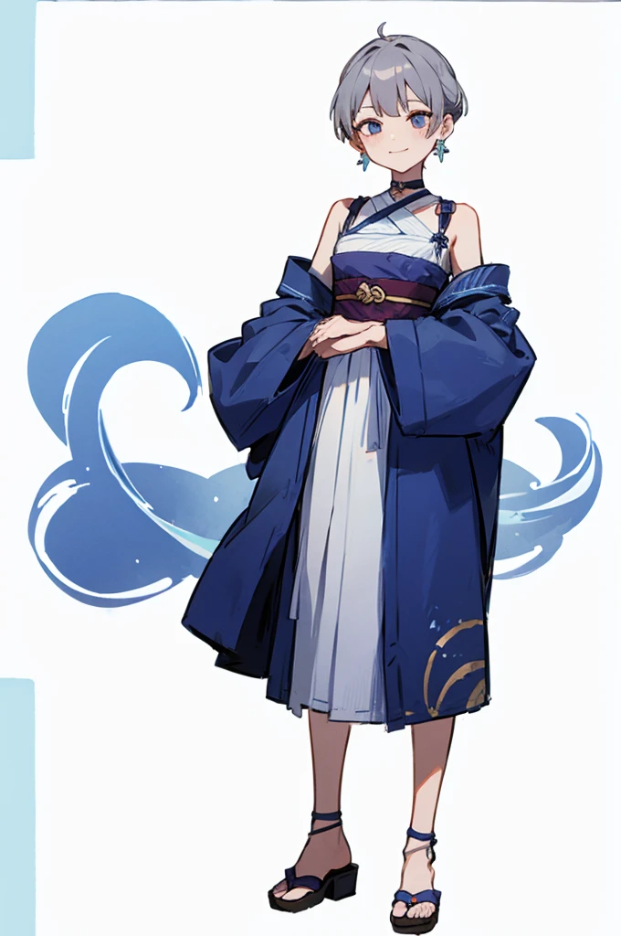 Blue Yukata、Gray Hair、Mischievous face、Choker on neck、Big earrings、Arms crossed、Only the mouth is smiling、Straw sandals、Choker on right leg、Shoulders are out(whole body、Are standing、、White background)