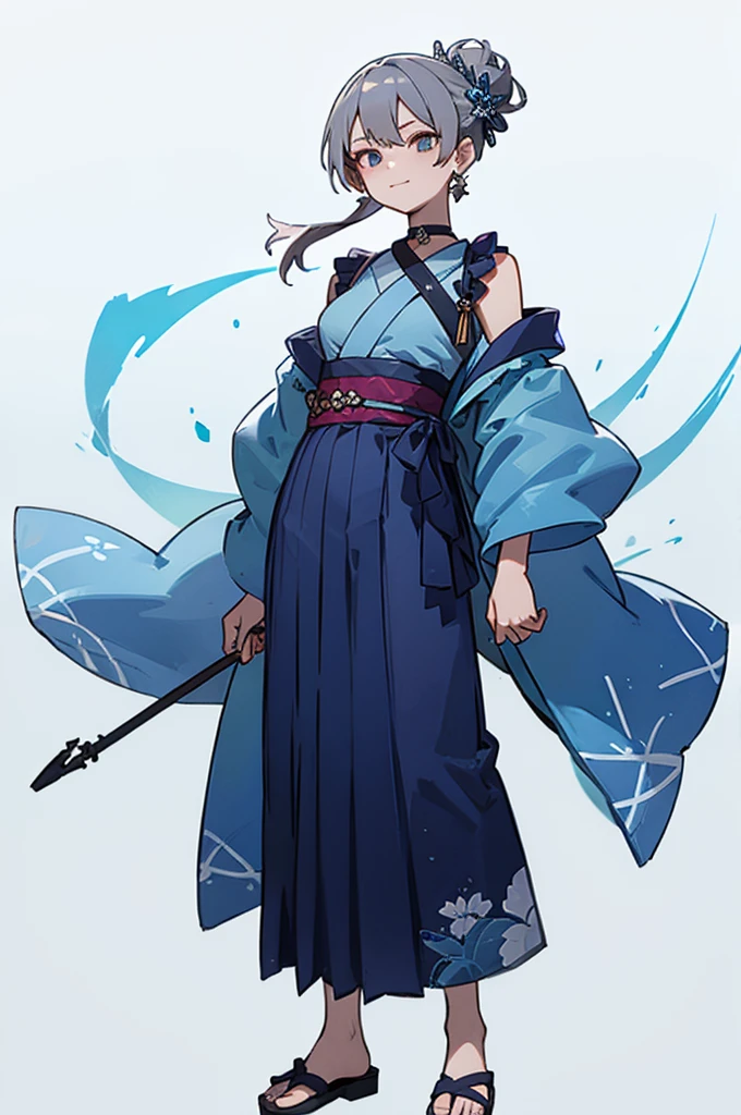 Blue Yukata、Gray Hair、Mischievous face、Choker on neck、Big earrings、Arms crossed、Only the mouth is smiling、Straw sandals、Choker on right leg、Shoulders are out(whole body、Are standing、、White background)