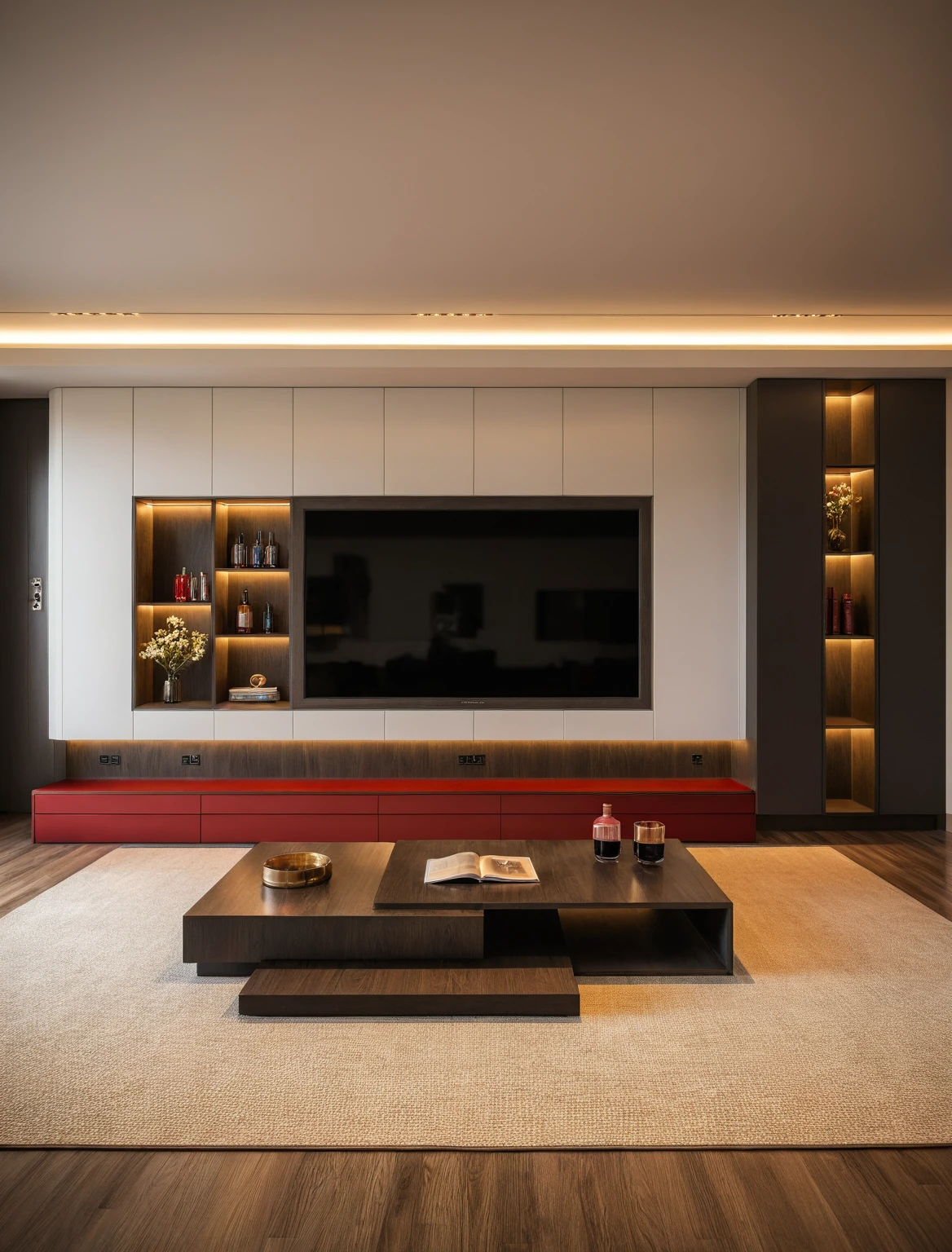 Raw photo,Masterpiece, high quality, best quality, authentic, super detail, interior , sunset, daylight, living room style Modern luxury, TV cabinet, TV, decorative cabinet, books, flower vases, bottles, tea table, tray, wine bottle, open book, carpet, wooden floor, curve, ((red tones)