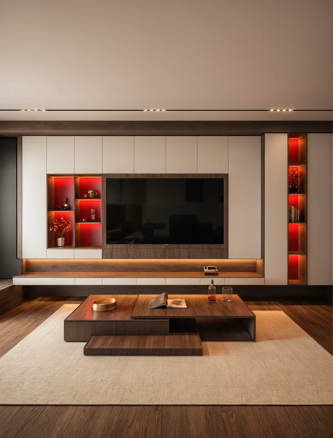 Raw photo,Masterpiece, high quality, best quality, authentic, super detail, interior , sunset, daylight, living room style Modern luxury, TV cabinet, TV, decorative cabinet, books, flower vases, bottles, tea table, tray, wine bottle, open book, carpet, wooden floor, curve, ((red tones)