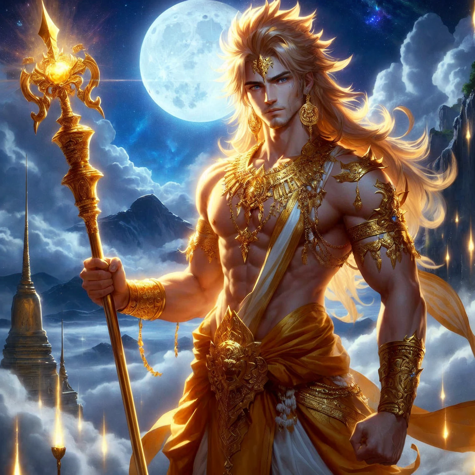 A man with a sword and golden robe stood in front of the full moon., Legendary god holding a spear, god of the moon, charming angel, greek god, a massive celestial giant god, Gilgamesh, beautiful male angel of death, god shiva the destroyer, epic fantasy art style hd, Zeus, powerful warrior, ancient god, the greek god