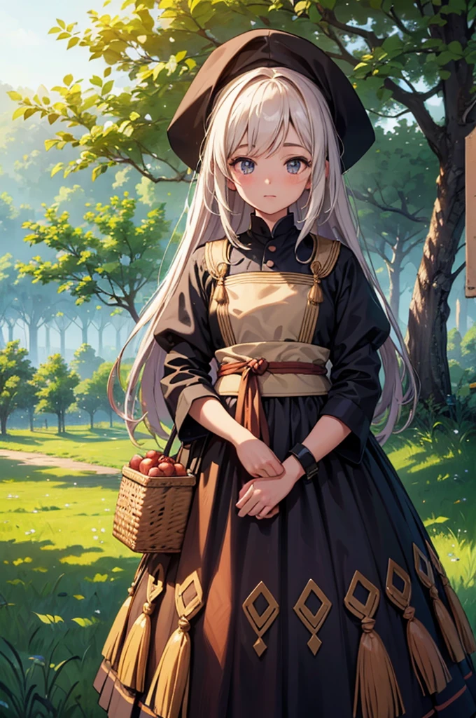 An image of villagers, in traditional clothing, standing and planting more trees, inspired by the lesson of unity and mutual benefit, creating a lush orchard. (masterpiece, hd, best quality, 2d)