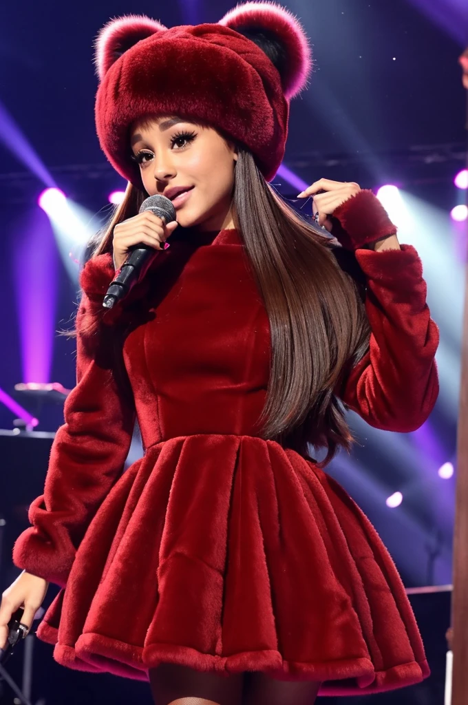 Ariana Grande wearing a fur hat and sexy red fur dress, behind the stage lights